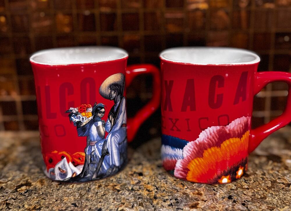 Pair Vintage Nescafe Clasico Oaxaca Mexico Red Coffee Mugs Ceramic Folk Art Set